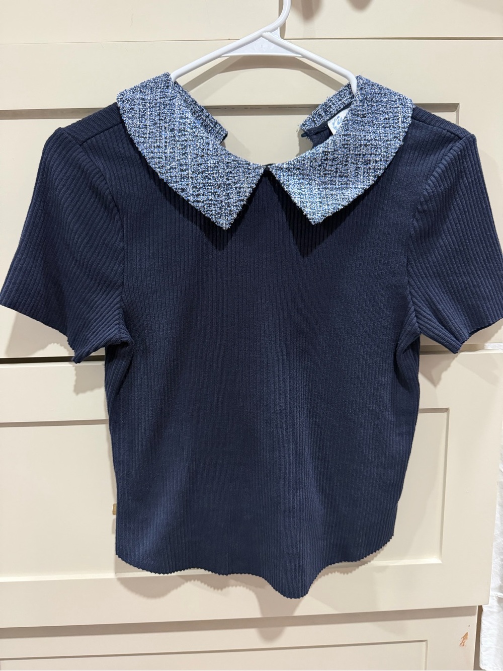 Francesca's Collections Navy Top with Textured Light Blue Peter Pan Collar